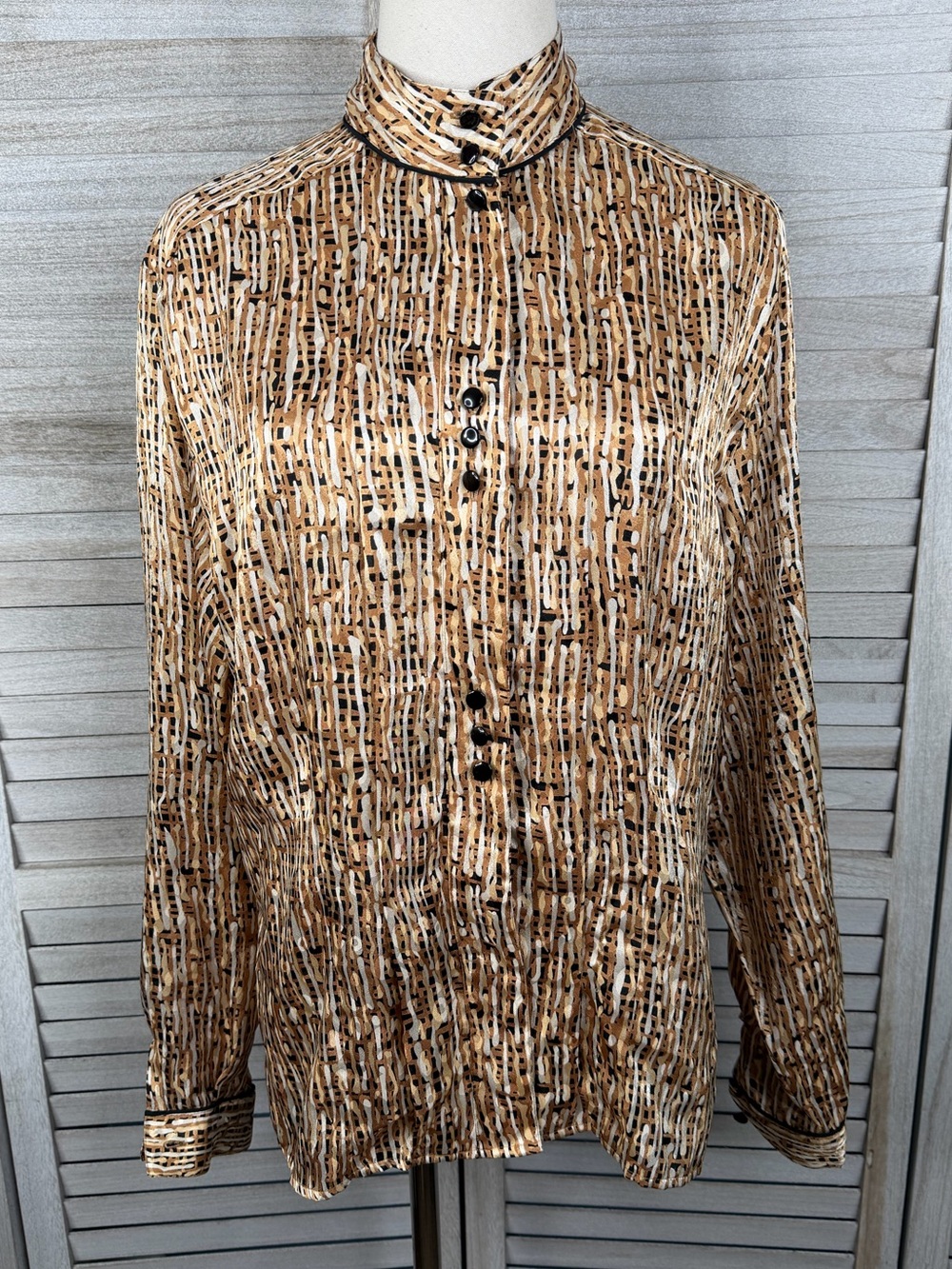 ANNE KLEIN Vintage 80's High Neck Satin Button Front Blouse Neutrals/Black-14